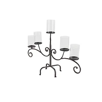 Traditional Black Metal and Glass 5-Light Candelabra, 21" x 36" x 13"