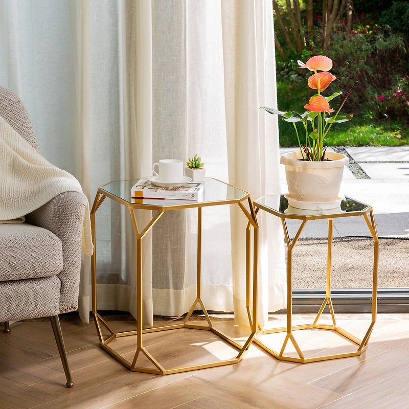 Glitzhome® Gold Metal Square Accent Table with Glass Top Set
