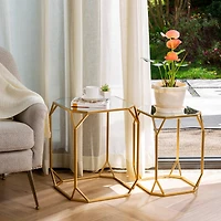 Glitzhome® Gold Metal Square Accent Table with Glass Top Set