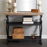 Black Wood Scroll Side Frames 2 Shelves Console Table with Brown Wood Top 38" x 15" x 32"