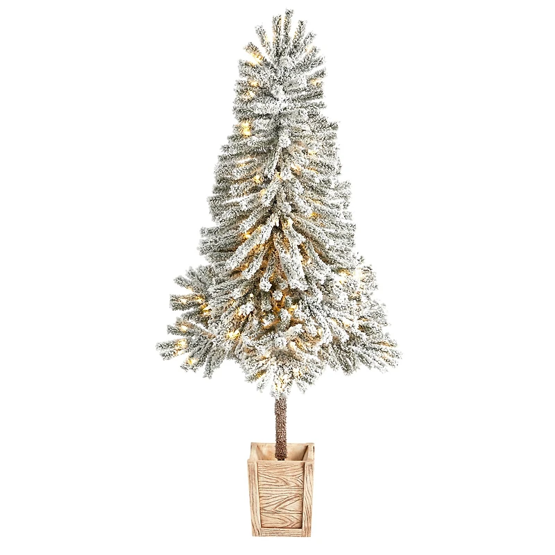 5ft. Pre-Lit Winter Flocked Leaning Artificial Christmas Tree in Decorative Planter, White LED Lights