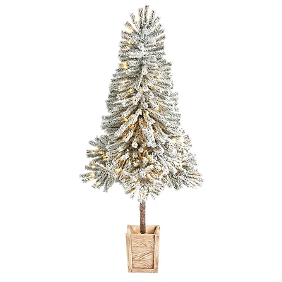 5ft. Pre-Lit Winter Flocked Leaning Artificial Christmas Tree in Decorative Planter, White LED Lights