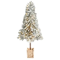 5ft. Pre-Lit Winter Flocked Leaning Artificial Christmas Tree in Decorative Planter, White LED Lights