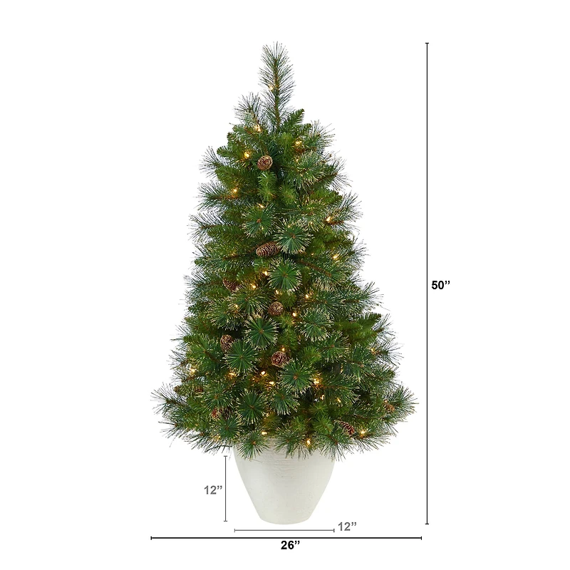 4ft. Pre-Lit Golden Tip Washington Pine with Pinecones Artificial Christmas Tree In White Planter, Clear Lights