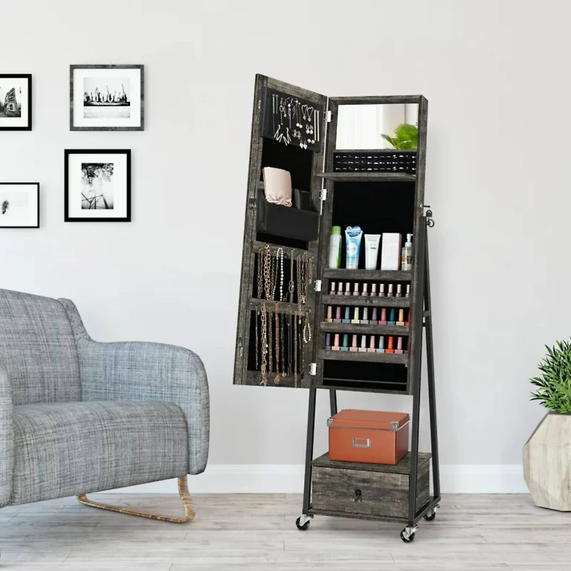 NEX™ 5ft. Dark Gray Jewelry Armoire on Casters with Chest Drawer