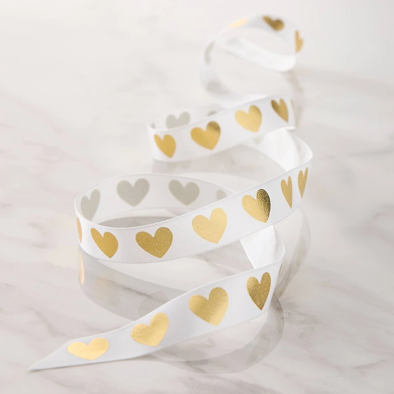 5/8" x 7yd. White & Gold Foil Hearts Satin Ribbon by Celebrate It® Classic