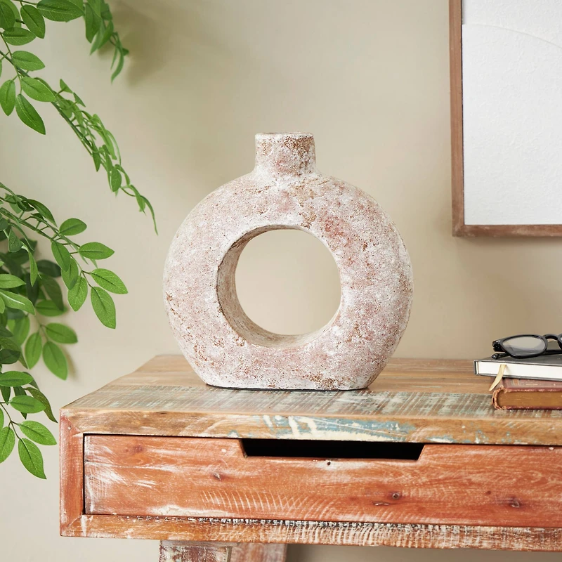 12" Cream Ceramic Textured Circle Donut Vase