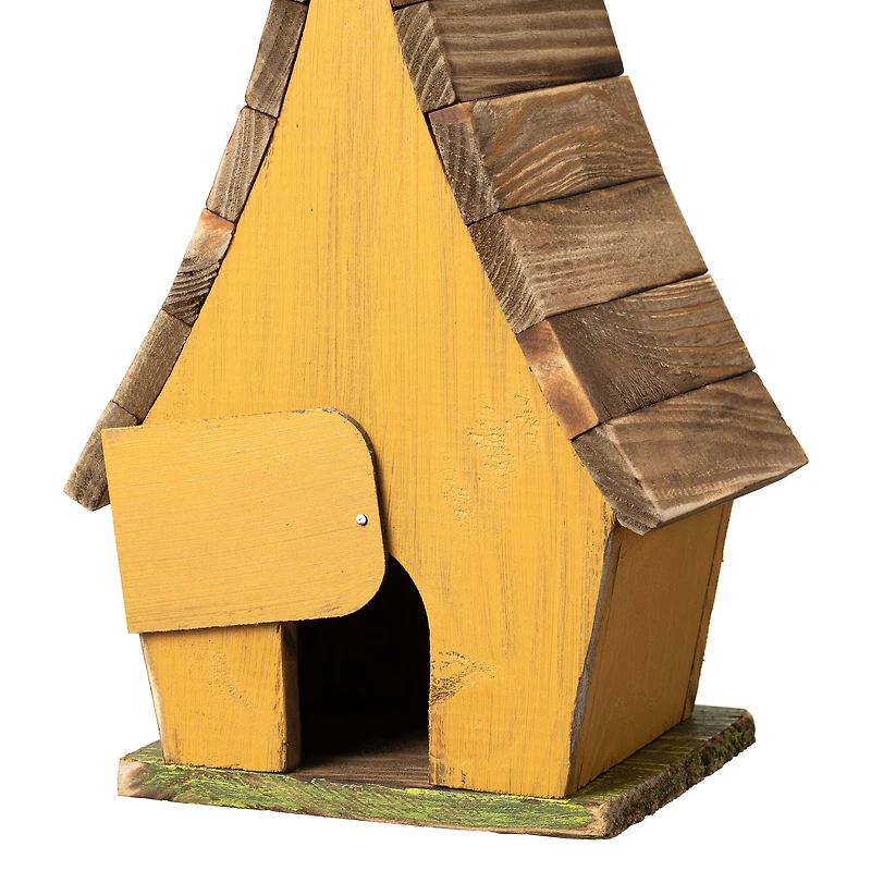 Glitzhome® 9.5" Yellow Distressed Wood Birdhouse with Leaves