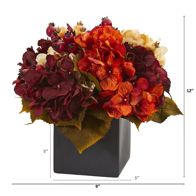 12in. Autumn Hydrangea Berry Arrangement in Black Vase