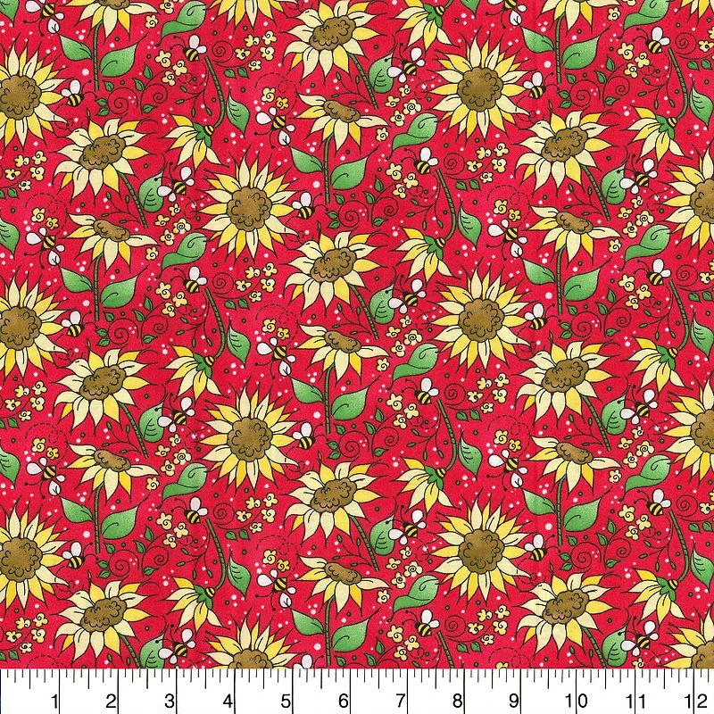 Fabric Traditions Red Sunflowers Cotton Fabric