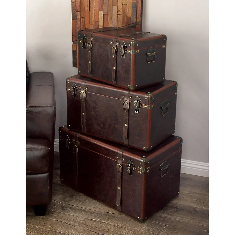 Set of 3" Brown Leather Traditional Trunk, 19", 24", 27"