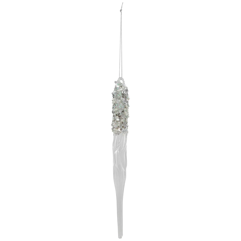 Sequined and Beaded Icicle Glass Christmas Ornament - 9" - Clear