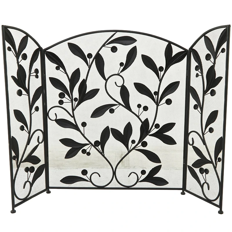 Black Metal Foldable Mesh Netting 3 Panel Scroll Fireplace Screen with Leaf and Vine Relief 45" x 1" x 30"