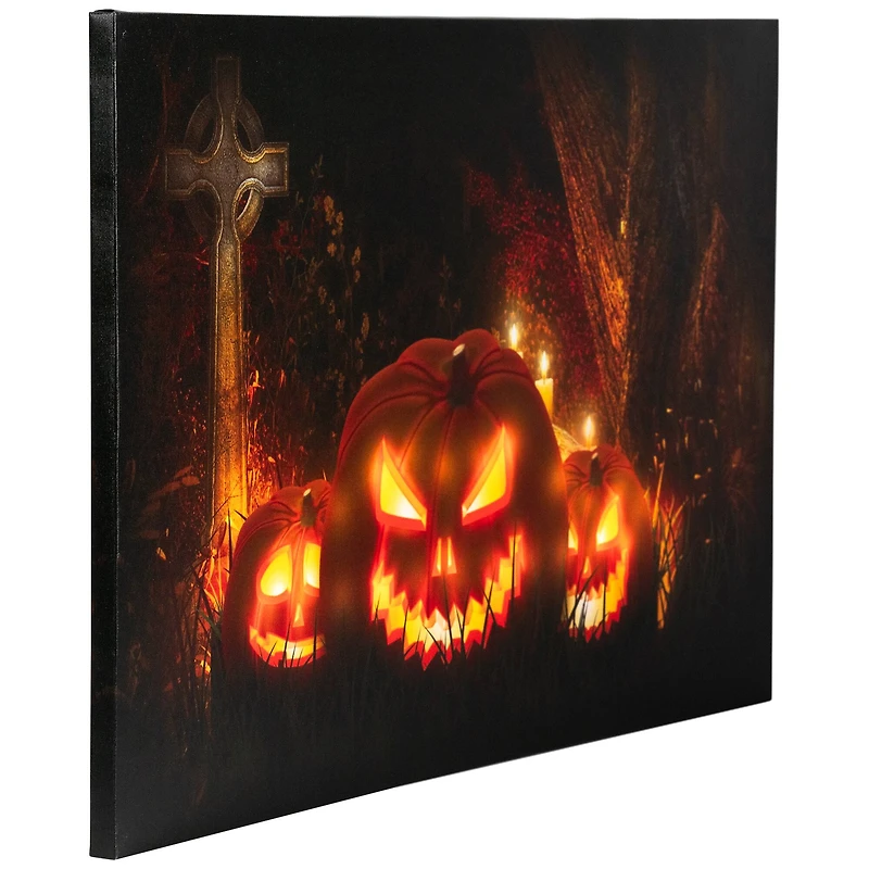 LED Lighted Jack-O-Lanterns in a Cemetery Halloween Canvas Wall Art