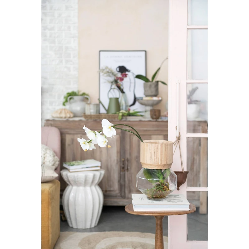 Hello Honey® 12" Natural Glass Vase with Removable Acacia Wood Collar