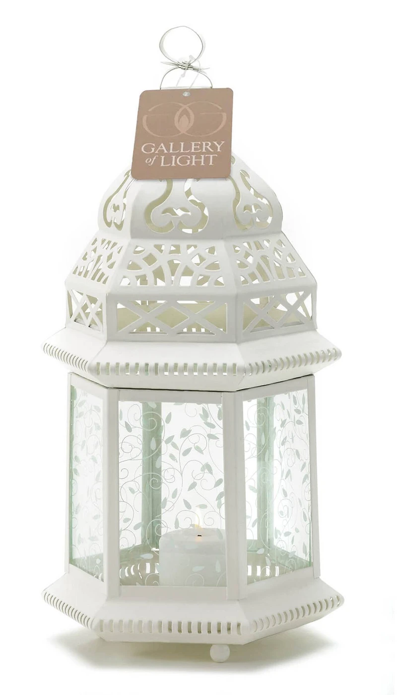 15" White Metal Moroccan Style Hanging Candle Lantern with Etched Floral