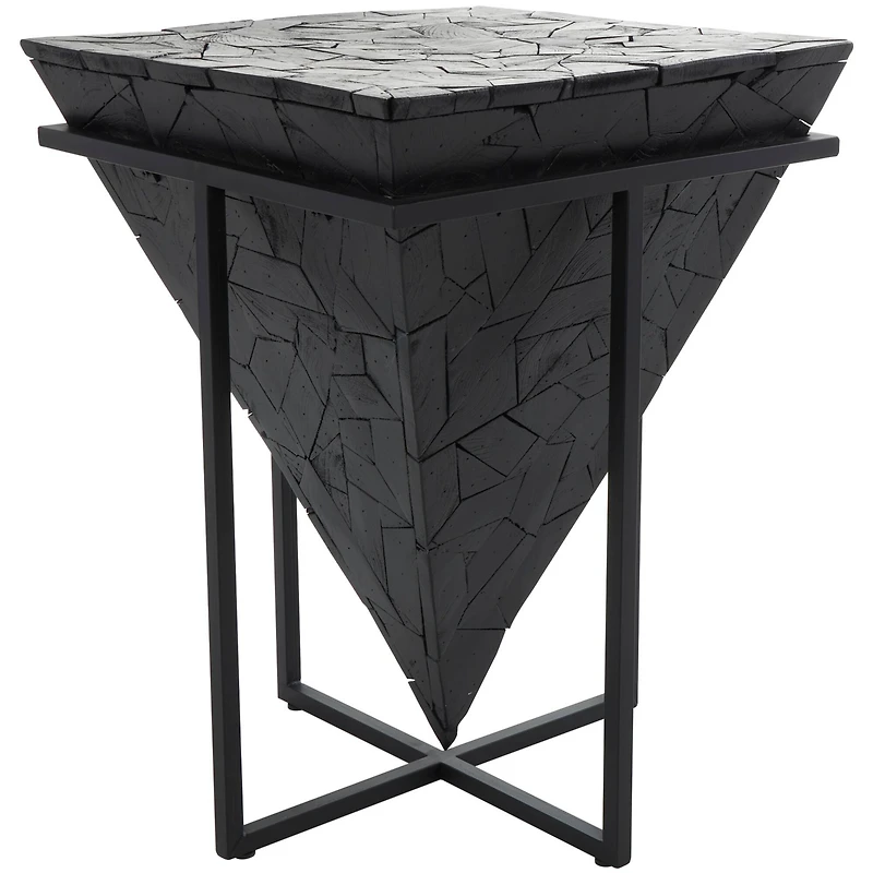 22" Black Teak Wood Geometric Handmade Inverted Pyramid Accent Table with Black Metal Base