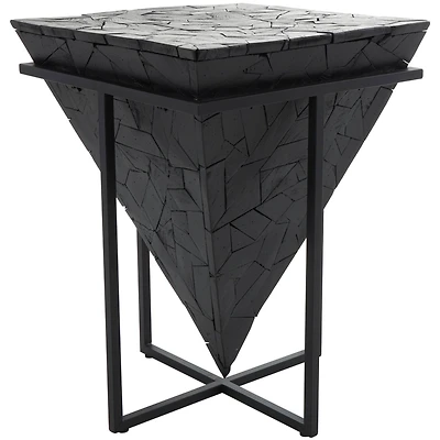 22" Black Teak Wood Geometric Handmade Inverted Pyramid Accent Table with Black Metal Base