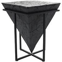 22" Black Teak Wood Geometric Handmade Inverted Pyramid Accent Table with Black Metal Base