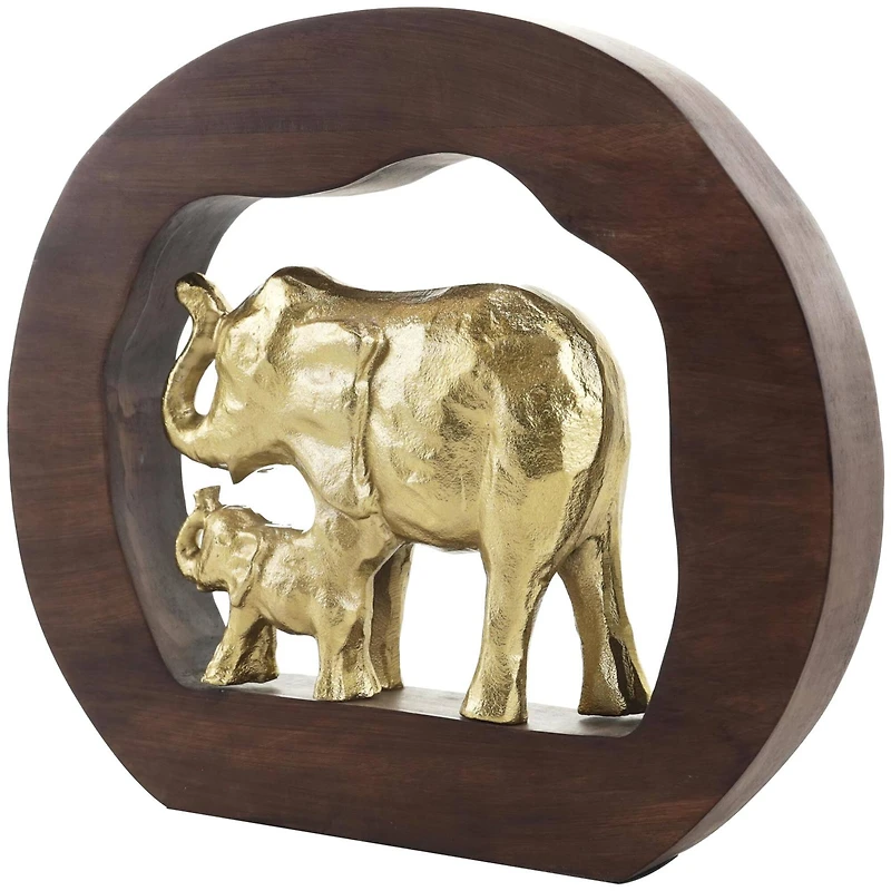 13.5" Gold Metal Elephant Sculpture with Brown Frame
