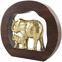 13.5" Gold Metal Elephant Sculpture with Brown Frame