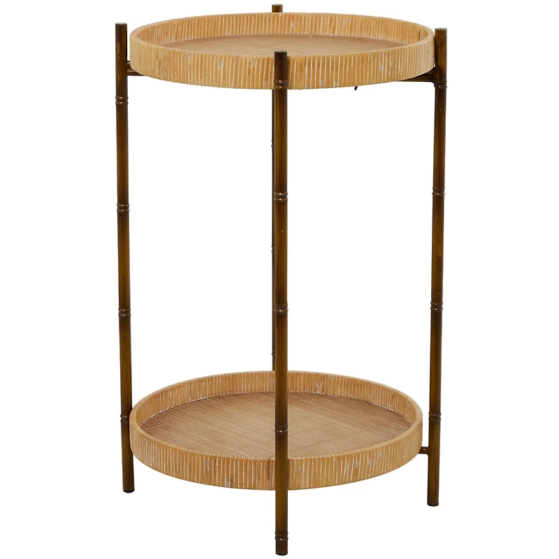 Brown Rattan 2 Tray Shelves Accent Table with Metal Bamboo Inspired Legs 18" x 18" x 26"