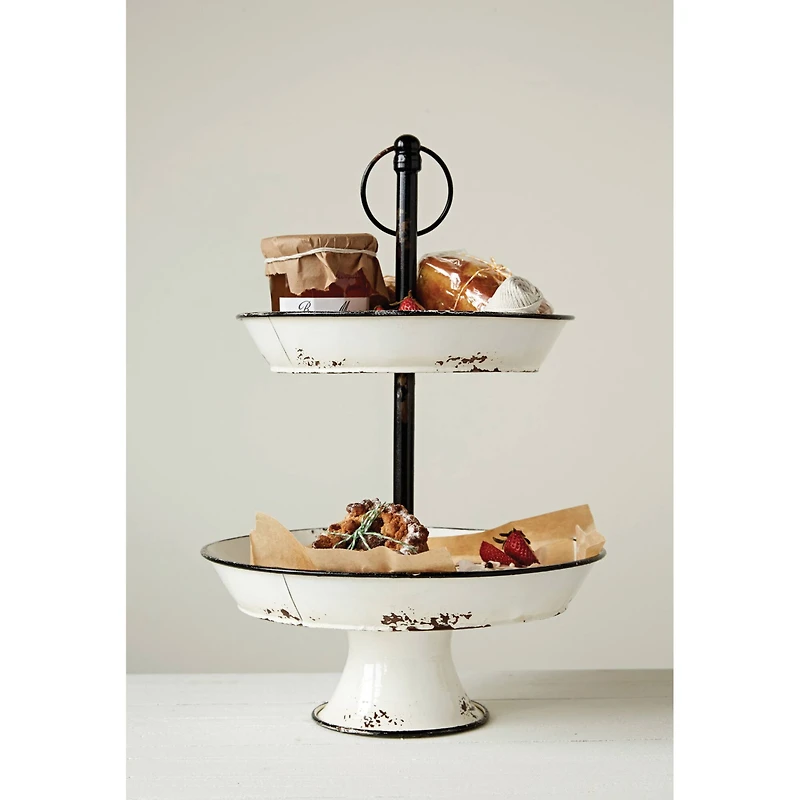 Hello Honey® 17" White Distressed 2-Tier Enameled Metal Tray