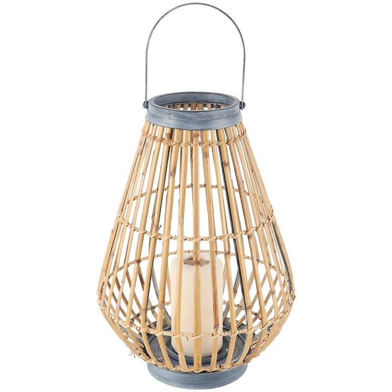 16" Brown Bamboo Handmade Open Framed Candle Lantern with Blue Metal Accents & Handle