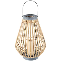 16" Brown Bamboo Handmade Open Framed Candle Lantern with Blue Metal Accents & Handle