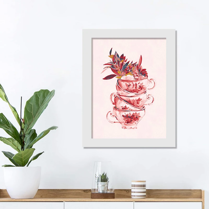 16" Floral Tea Cup Stack White Framed Print Under Plexiglass