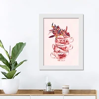 16" Floral Tea Cup Stack White Framed Print Under Plexiglass