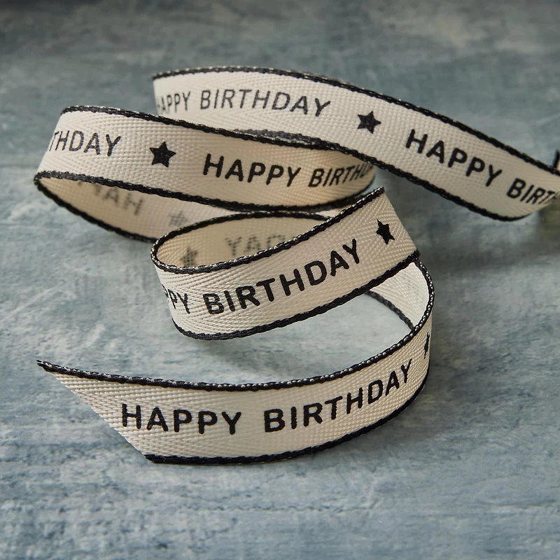 5/8" x 7yd. Black Happy Birthday Faux Linen Ribbon by Celebrate It® Classic