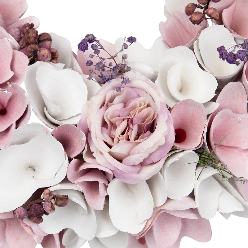 13.5" Pink & White Wooden Floral Spring Artificial Wreath with Berries