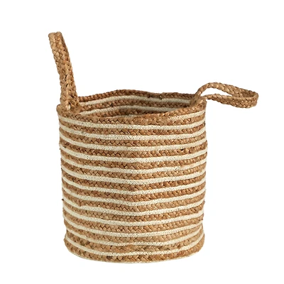 14'' Handwoven Stripe Natural Cotton and Jute Boho Chic Basket Planter
