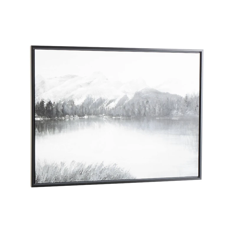 40" x 30" Gray Neutral Lake Landscape Canvas Framed Wall Art with Black Frame