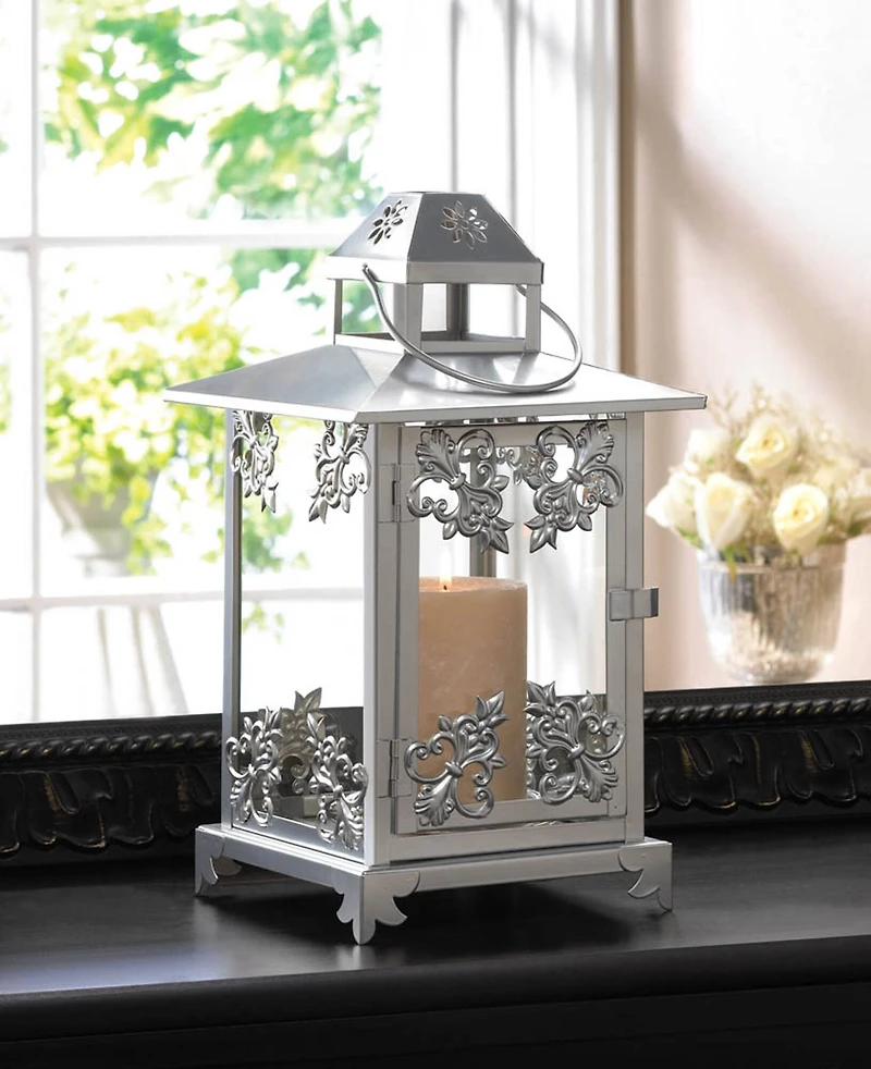 13" Silver Scrollwork Candle Lantern