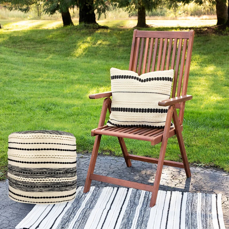 18" Cream & Black Woven Stripes Outdoor Pouf Ottoman