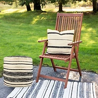 18" Cream & Black Woven Stripes Outdoor Pouf Ottoman