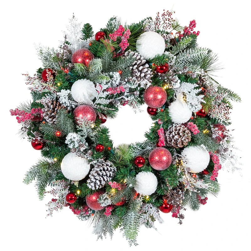 Village Lighting 30" Pre-Lit Frosted Wonderland Christmas Wreath, Red & Clear LED Lights