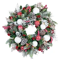 Village Lighting 30" Pre-Lit Frosted Wonderland Christmas Wreath, Red & Clear LED Lights