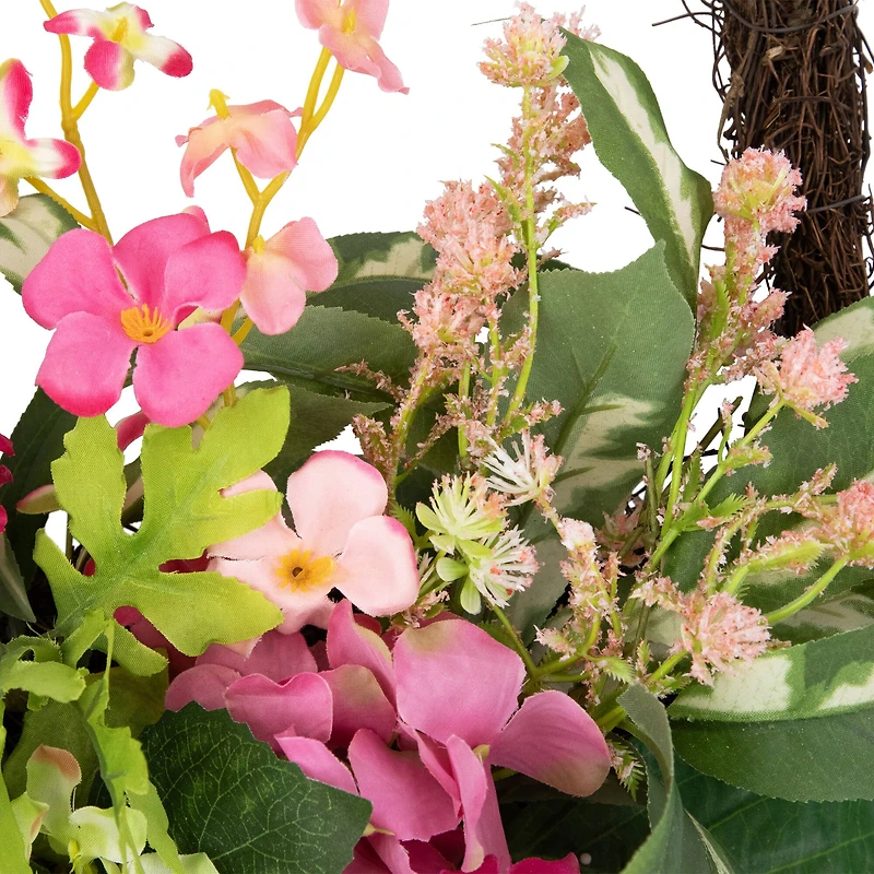 16" Leafy Pink Hydrangea Floral Spring Hanging Basket