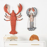 Red & Blue Wood Lobster Handmade Distressed Sculpture Set