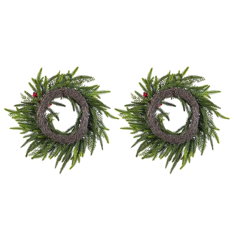 Glitzhome® 14"D Christmas Mini PE Wreath with Pinecones and Red Berries Set