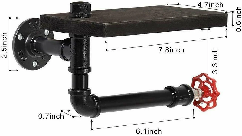 Black Industrial Metal Wall Mounted Toilet Paper Holder with Wood Shelf