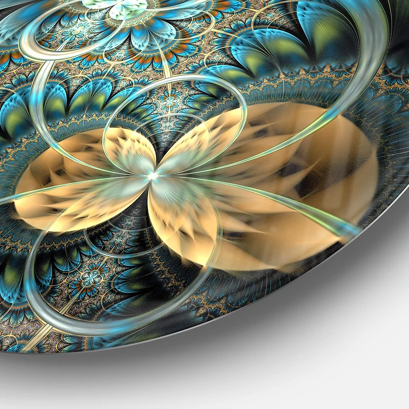 Designart Contemporary Symmetrical Blue & Gold Fractal Flower Large Metal Wall Art Disc