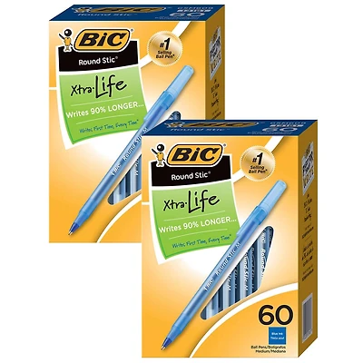 BIC® Round Stic® Xtra Life Blue Ball Pen, 2 packs of 60