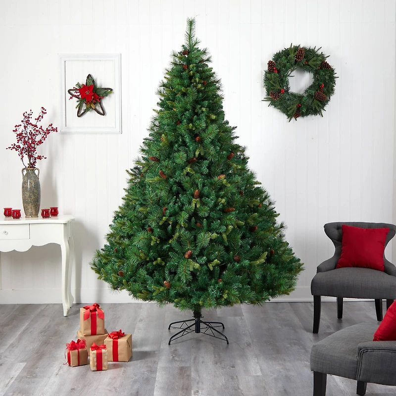 8ft. Pre-Lit West Virginia Mixed Pine Artificial Christmas Tree with Pinecones, Clear LED Lights