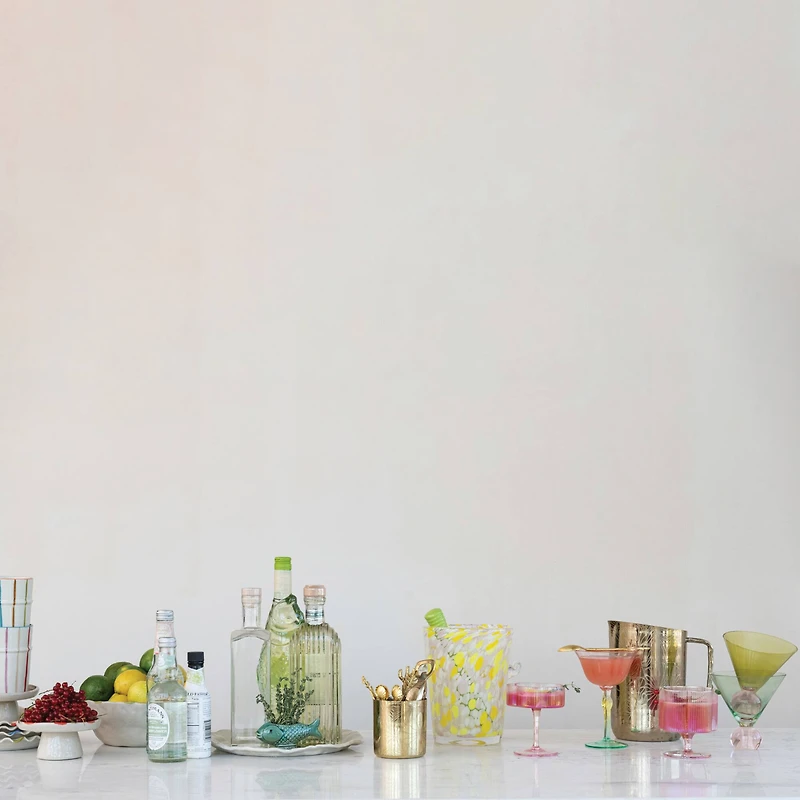 Hello Honey 6-Ounce Hand-Blown Pleated Flower Shaped Stemmed Coupe Glass, Iridescent Finish and Pink, Set of 6