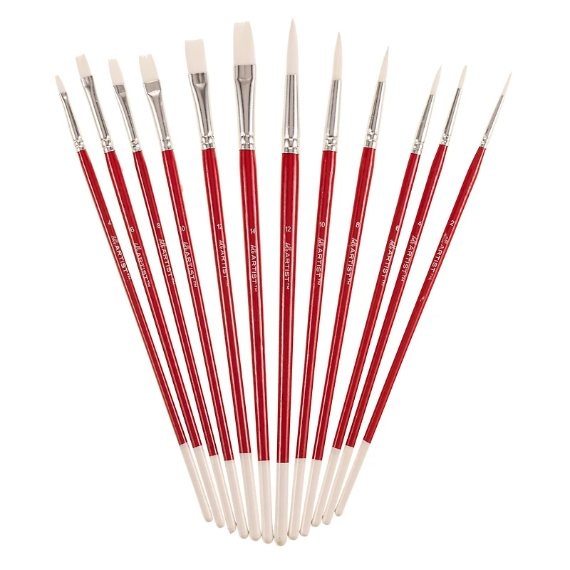 Hello, Artist! Long Handle White Taklon Flats & Rounds 12 Piece Brush Set