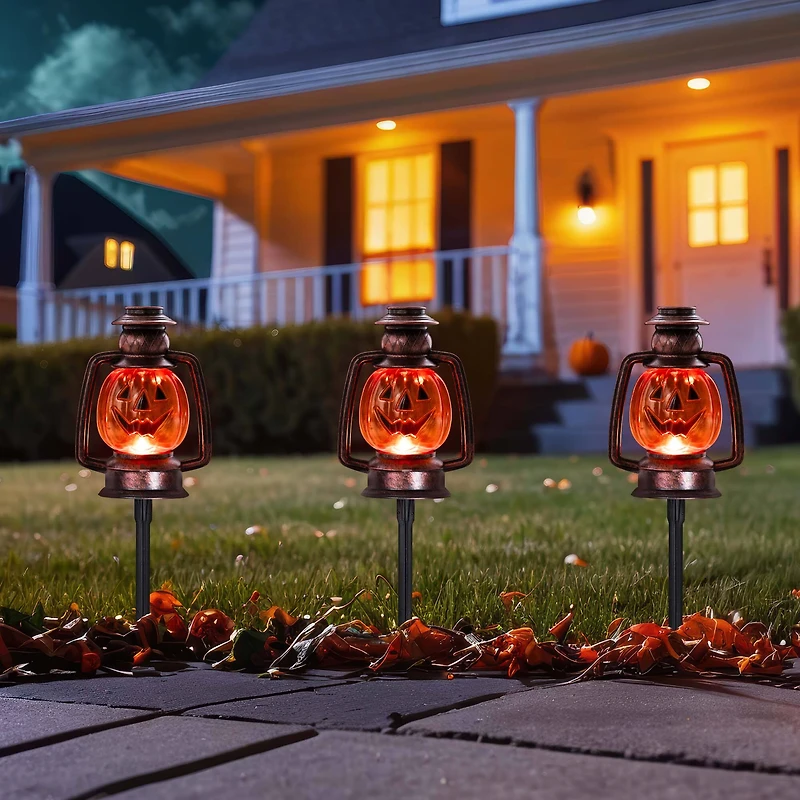 16.75" Orange Flickering Halloween Jack O' Lantern Pathway Markers, 3ct.